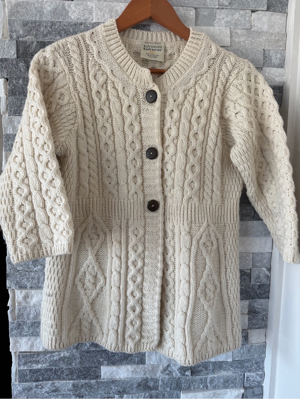 Women KILRONAN KNITWEAR Merino Wool Cable Knit Cardigan Sweater Ireland-XS